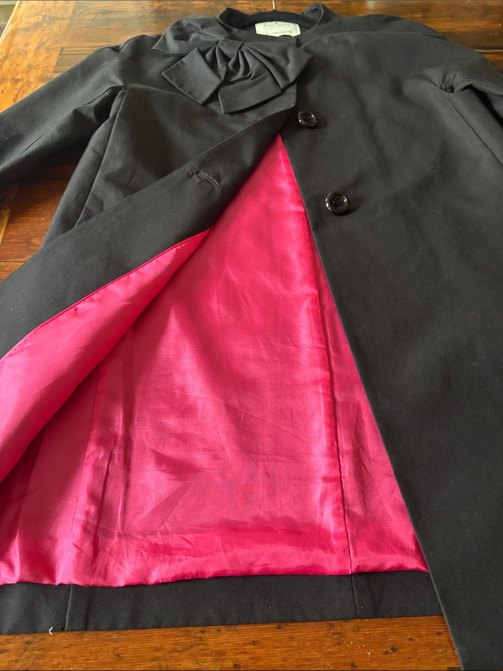 kate spade Black bow Coat jacket with Pink Lining and Bow Collar - Picture 3 of 8